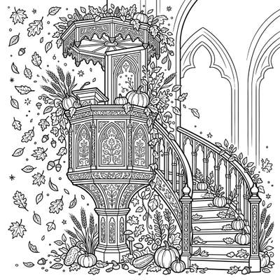 Immerse yourself in the captivating charm of autumn with this stunning cathedral pulpit coloring page. Adorned with harvest delights and falling leaves, it promises a beautifully detailed coloring experience.