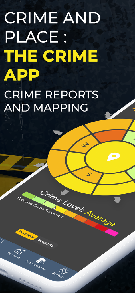 Crime and Place app showing the crime compass and safety reports interface on an iPhone.