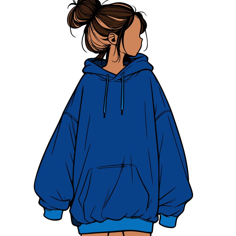 realistic girl with a oversized sweatshirt on and a bun