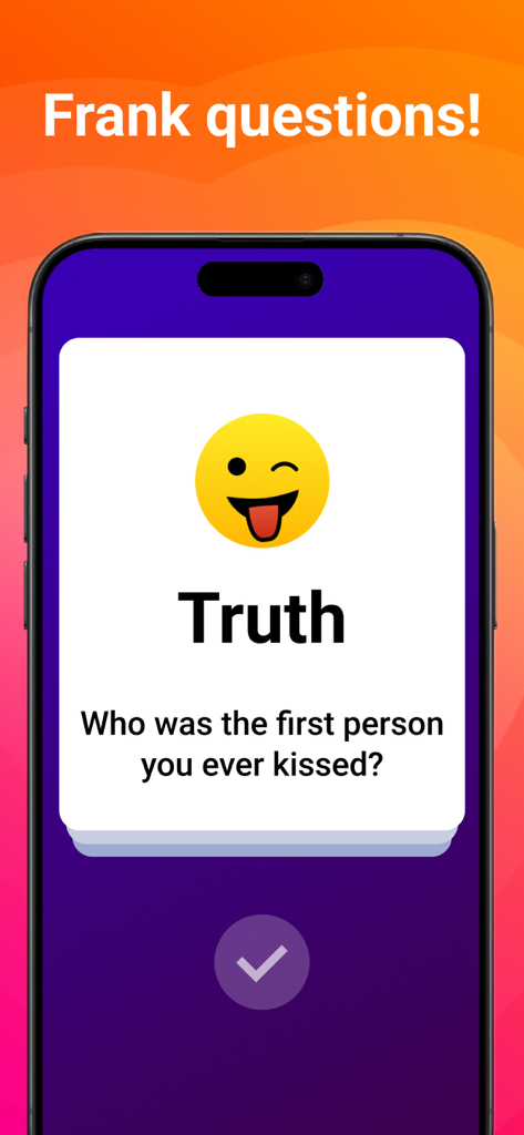 A mobile app screen from Spin the Bottle displaying a truth question about first kisses with a winking emoji.