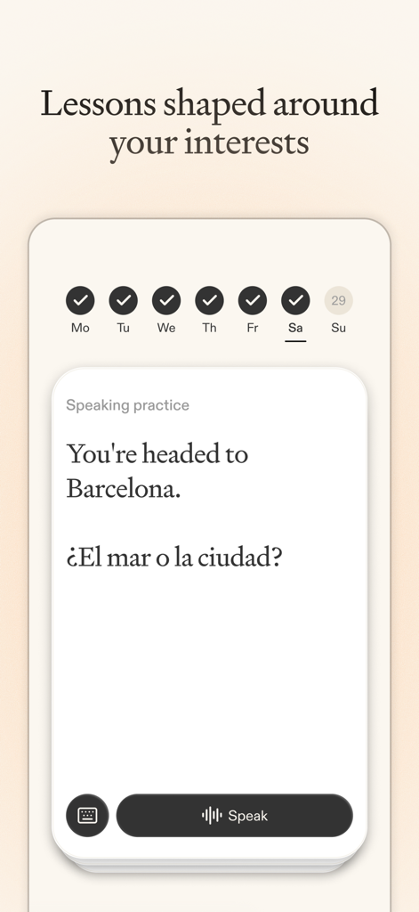 Amble - Language & Culture - A Spanish speaking practice screen in the Amble app with a lesson about visiting Barcelona.