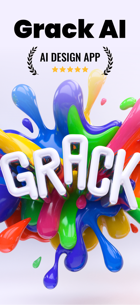 Grack AI : AI Photo Generator - Grack AI design app splash screen with 3D colorful paint splashes and five star rating
