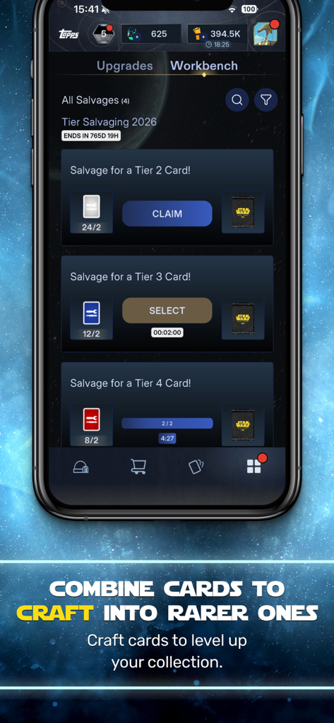 Star Wars Card Trader by Topps - Interfaz del banco de trabajo de la aplicación Star Wars Card Trader para crear cartas digitales raras