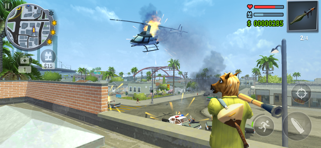 Gangs Town Story: Grand Crime - A character in a horse mask holding a rocket launcher during an explosion in Gangs Town Story.