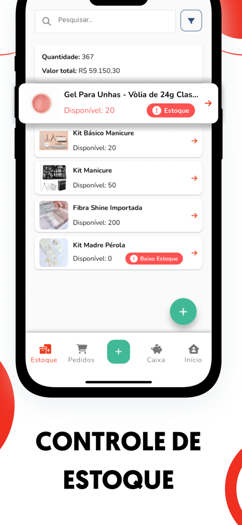 Controle de estoque - Kontro - Kontro-Mobil-App-Oberfläche, die eine Produktliste mit Echtzeit-Bestandsstufen und Warnungen bei niedrigem Lagerbestand für Kleinunternehmer anzeigt.