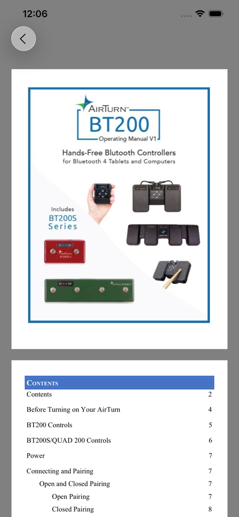 AirTurn Manager - AirTurn BT200 series operating manual cover and contents within the AirTurn Manager app