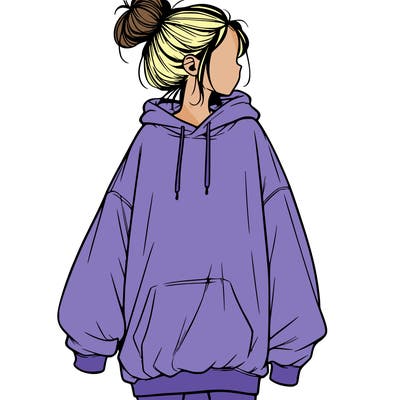 realistic girl with a oversized sweatshirt on and a bun