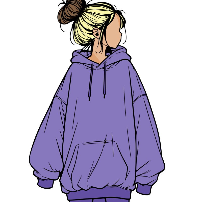 realistic girl with a oversized sweatshirt on and a bun