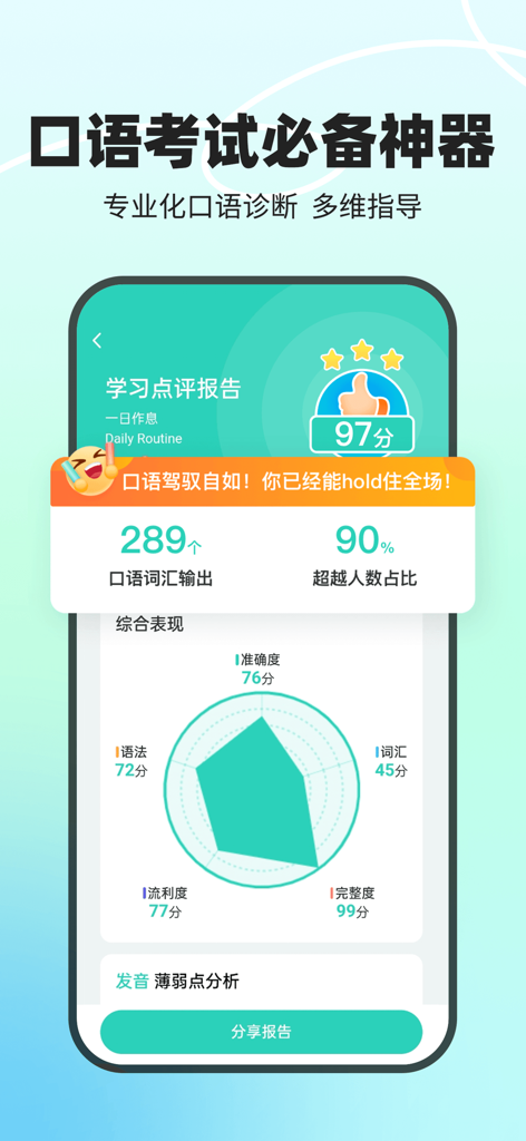 口语教练-AI外教练口语听力背单词在线翻译 - Bildschirm einer mobilen App, der einen KI-Oral-Englisch-Lernbericht mit Leistungsbewertungen und einem mehrdimensionalen Radardiagramm zeigt.