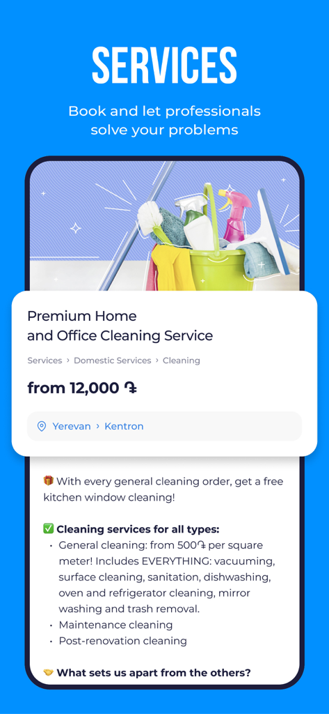 List.am - Armenian Marketplace - List.am app interface displaying premium home and office cleaning services in Yerevan