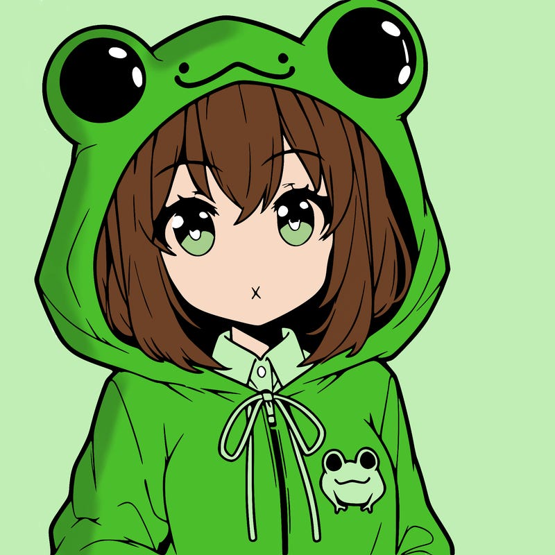 an anime girl wearing a frog hoodie