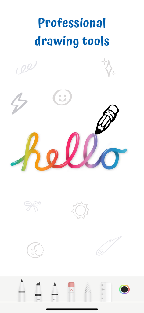 Animation Kit - Draw Animation - Interface de l'application Animation Kit montrant un script coloré "hello" et des outils de dessin numérique professionnels