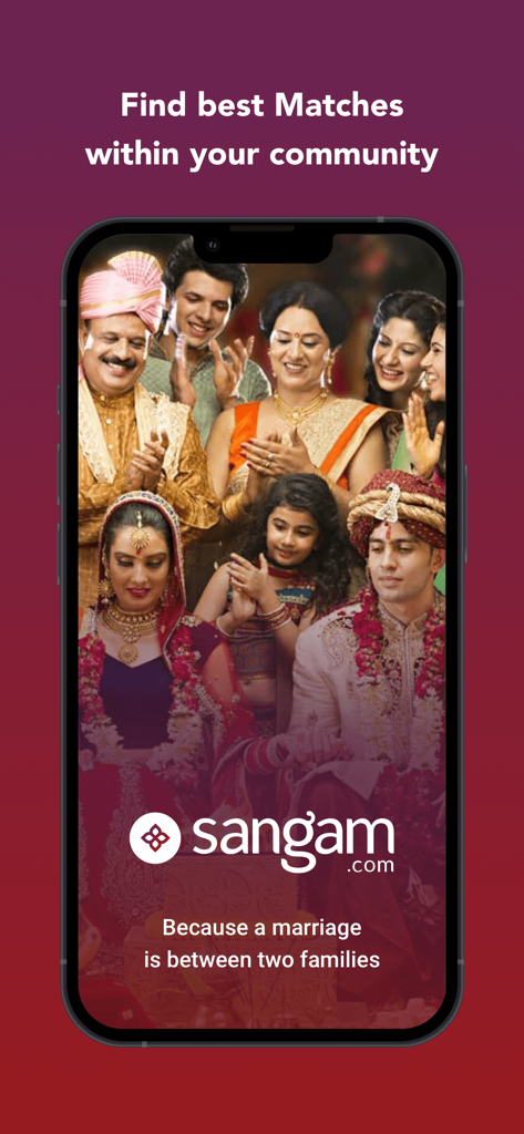 Sangam.com - Matrimonial App - Sangam.com matrimonial app screen showing community matches and family-oriented marriage