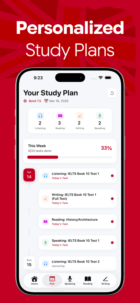 IELTS Prep App screen showing a personalized study plan with daily tasks and progress tracking for Band 7.5