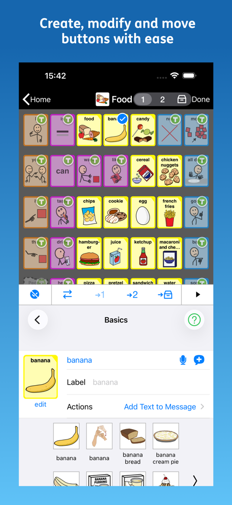 Interfaccia di modifica dell'app Proloquo2Go CAA che mostra la schermata di modifica per personalizzare i pulsanti di comunicazione con simboli ed etichette