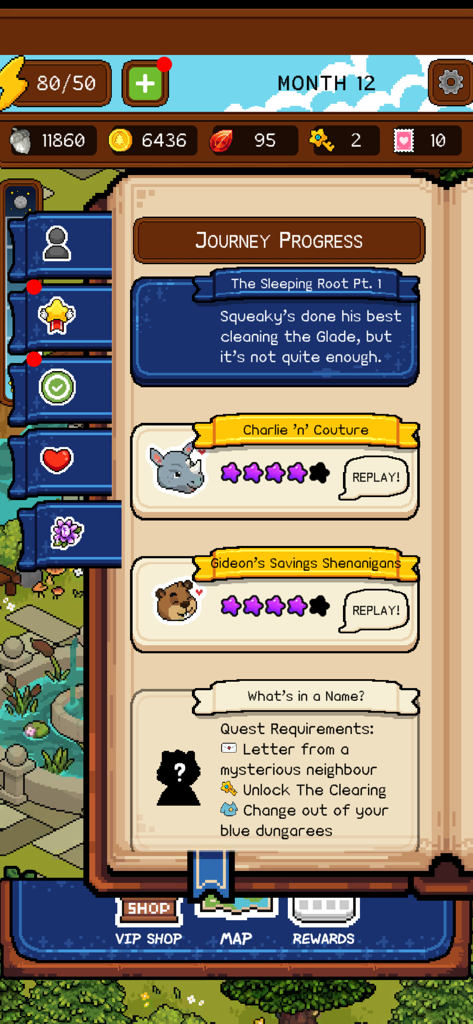 Forest Fables: Cozy pixel sim - Forest Fables journey progress menu showing animal quests and pixel art interface