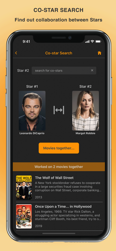 Movielab app interface showing the Co-star Search feature with Leonardo DiCaprio and Margot Robbie