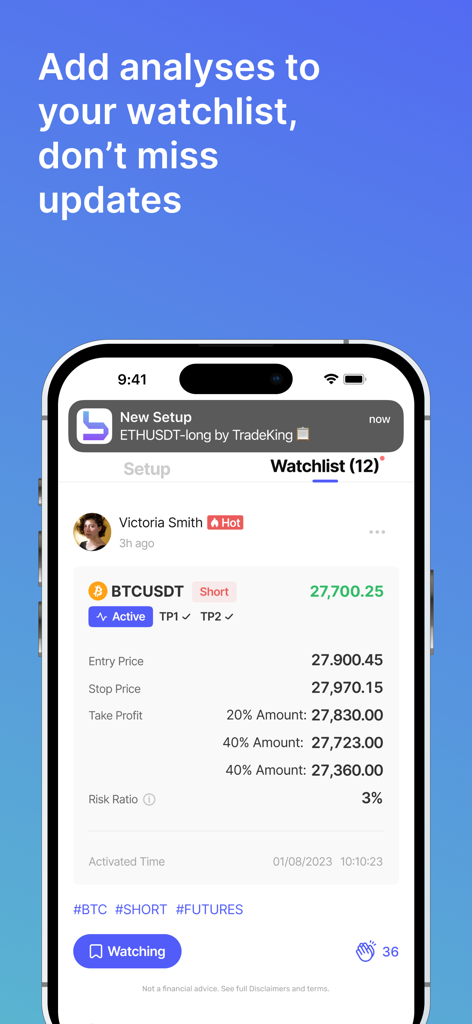 bottomUP - Social - Interfaz móvil de la aplicación bottomUP que muestra una lista de vigilancia de análisis de trading de criptomonedas y una configuración de corto de Bitcoin por parte de un influencer