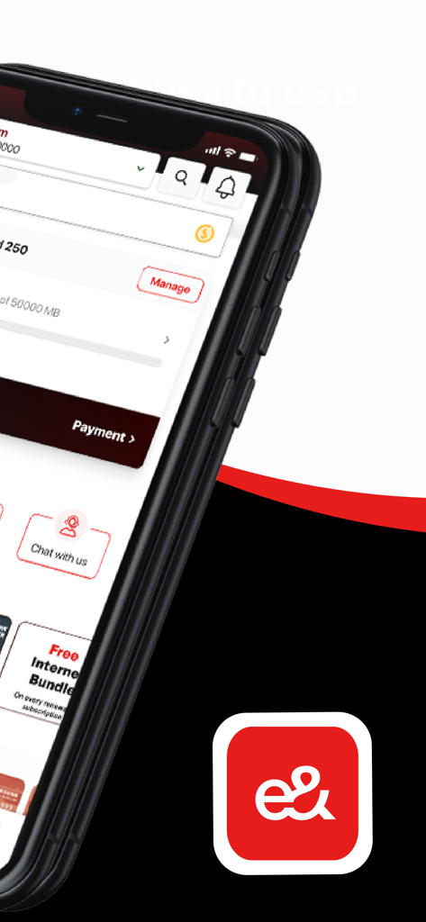 Tela de smartphone mostrando o painel do aplicativo My e& Egypt para gerenciamento de conta e pagamentos