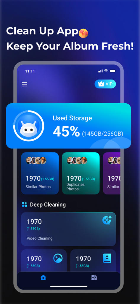 Smartphone dashboard displaying storage usage and cleaning categories for similar photos and videos.