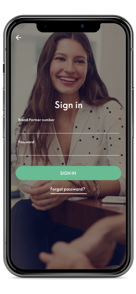Oriflame Business - Sign in page of the Oriflame Business app for brand partners featuring fields for account number and password