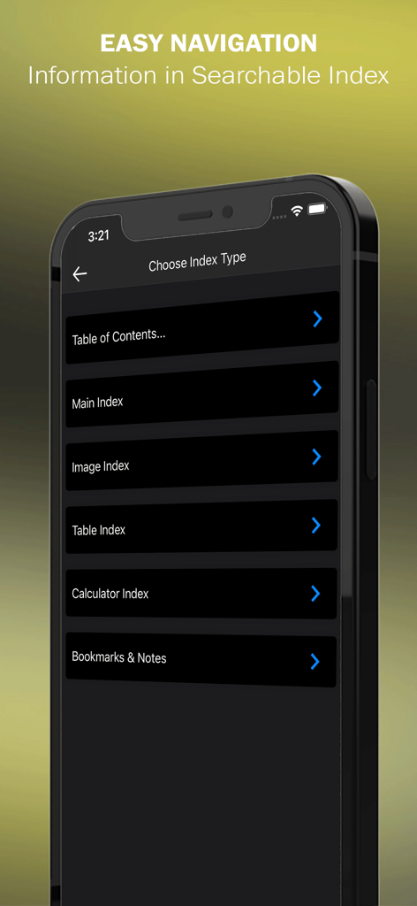 Smartphone screen displaying various searchable index types within the 5 Minute Veterinary Consult Equine app interface