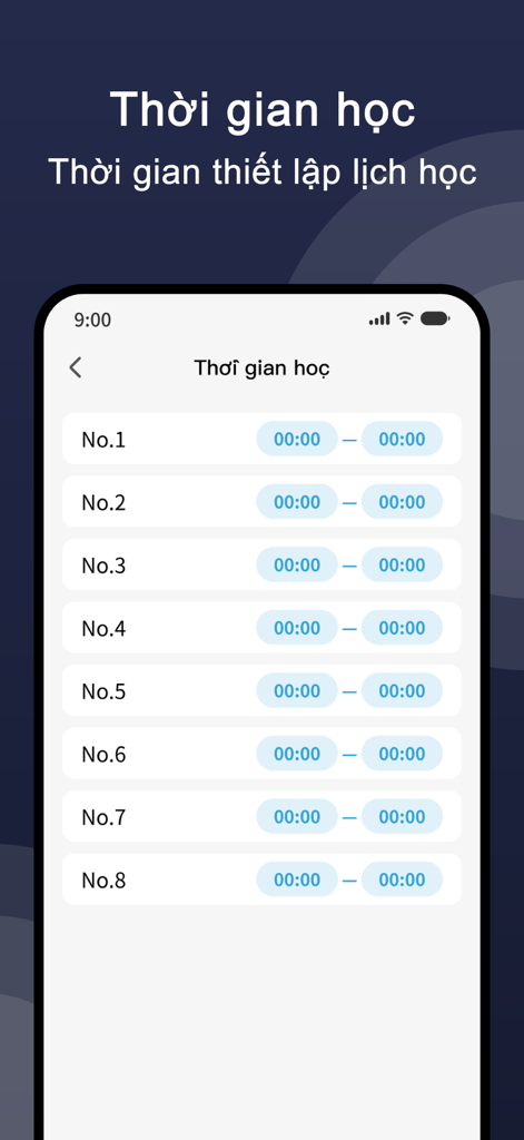 KIDCARE VN - KIDCARE VN app screen showing a list of configurable study time slots for a child's smartwatch