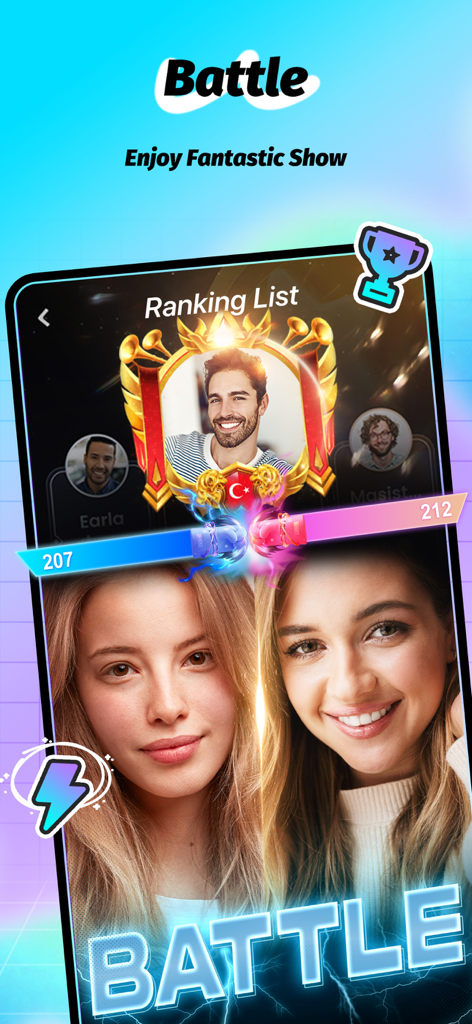 Interfaz de la aplicación SoMatch mostrando una función de batalla en vivo con clasificaciones y puntuaciones de usuarios