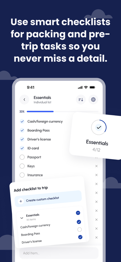 JRNEY - AI Trip Planner - Smart packing checklist in the JRNEY AI trip planner app showing essential travel items and progress tracking.