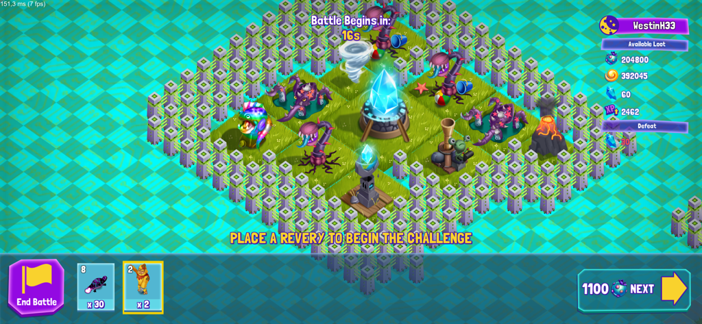 DreamscapeEDU - A colorful isometric strategy battle screen in DreamscapeEDU featuring a base with fantasy plants and creatures
