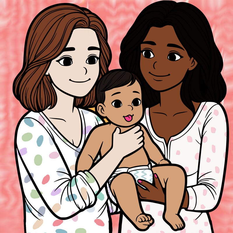 two realistic women holding one baby together