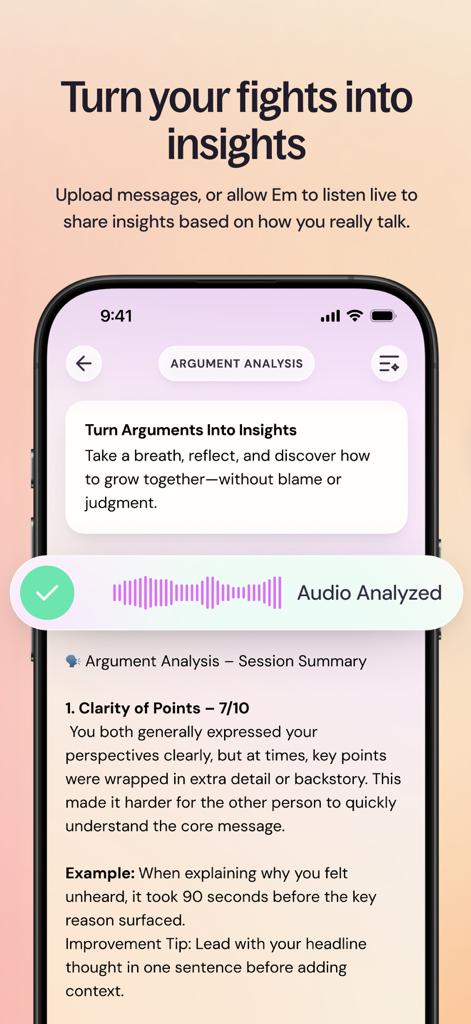 Ember: AI Relationship Coach - Interface of Ember AI Relationship Coach showing an argument analysis report with communication scores and tips
