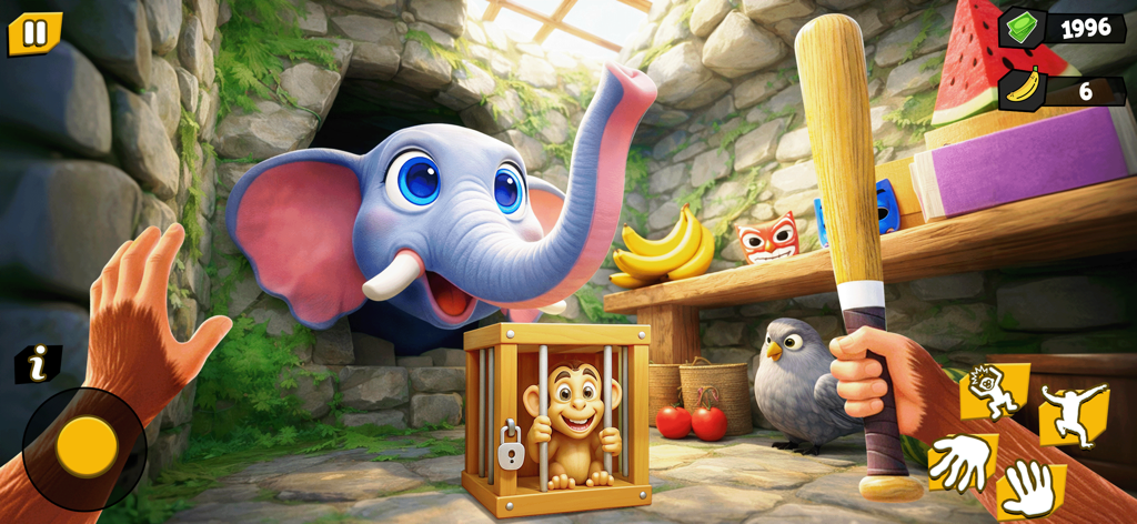 I'm Naughty Monkey Prank Game - Vista en primera persona de un mono travieso sosteniendo un bate de béisbol en una habitación colorida con un elefante azul y un mono enjaulado