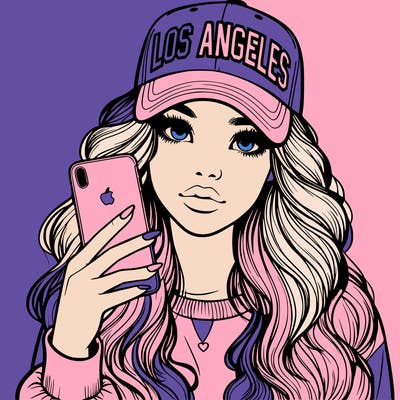 realistic beautiful girl wearing los ángeles cap holding an iphone