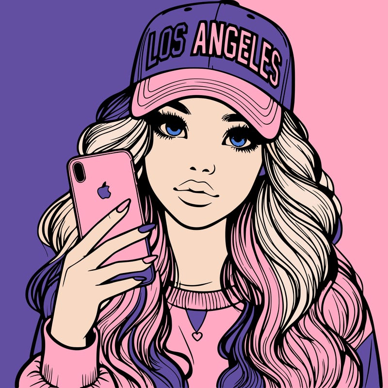realistic beautiful girl wearing los ángeles cap holding an iphone