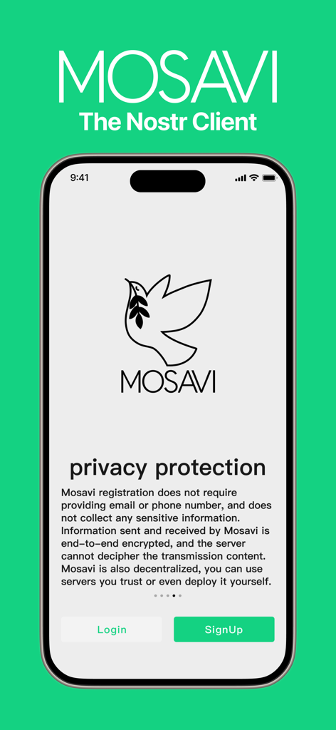 Mosavi - Mosavi app welcome screen explaining privacy protection and anonymous registration