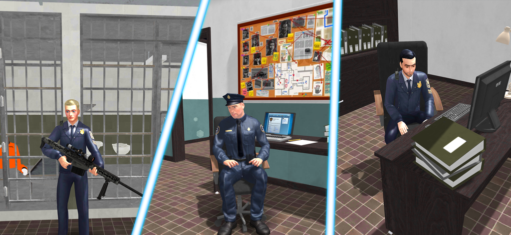 Police Simulator 2: Open World - Three scenes showing a police officer with a rifle by a jail cell and investigating at a desk in an office