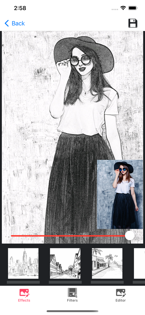 Photo to Sketch Pencil 앱 인터페이스를 사용하여 사진에서 만들어진 여성 초상화의 사실적인 연필 스케치