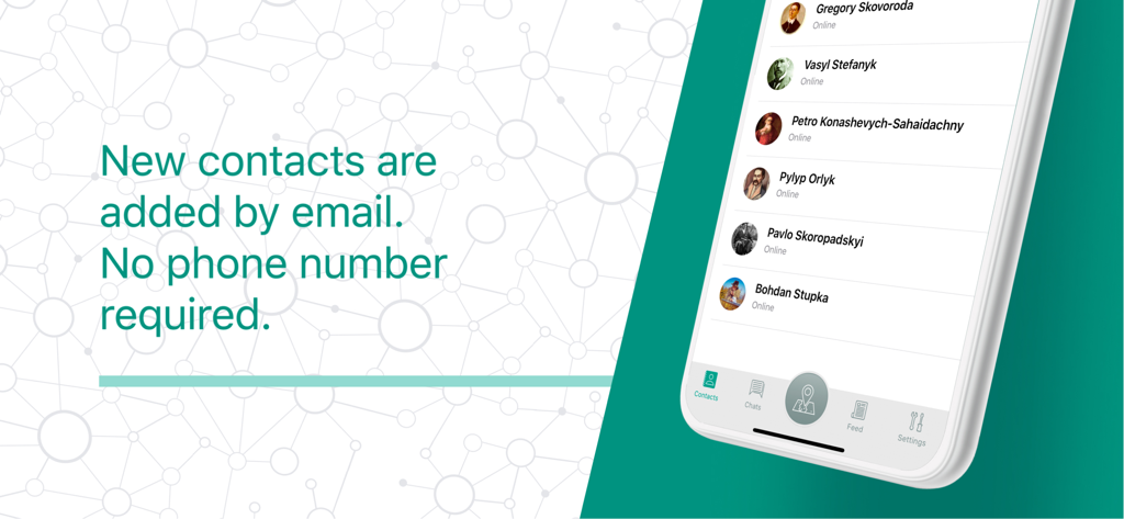 MilChat 앱 인터페이스, 연락처 목록 표시 및 등록에 전화번호가 필요 없음을 강조