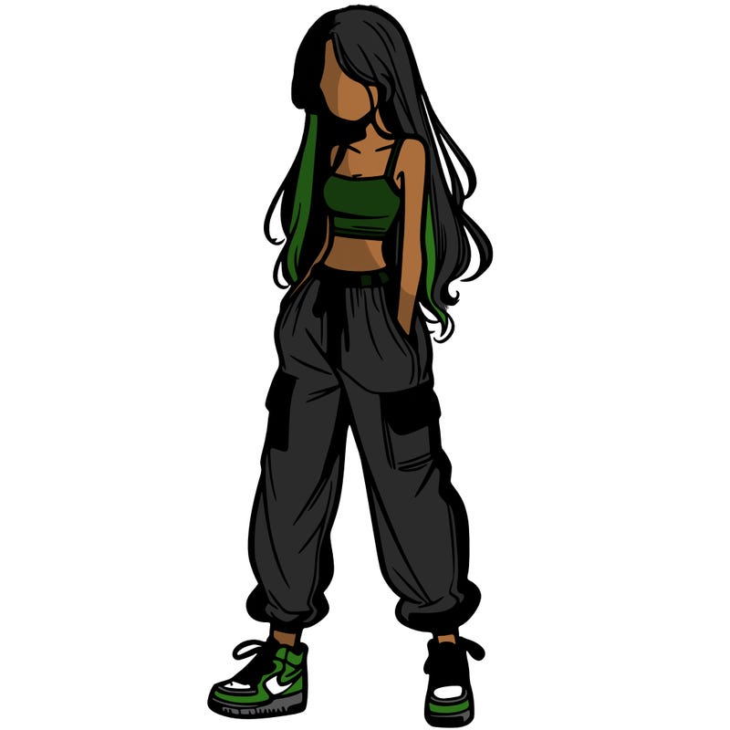 girl in baggy pants crop top and long hair