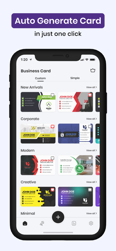Interfaccia dell'app mobile Business Card Maker che mostra vari modelli di biglietti professionali come Stili Corporate e Moderni.