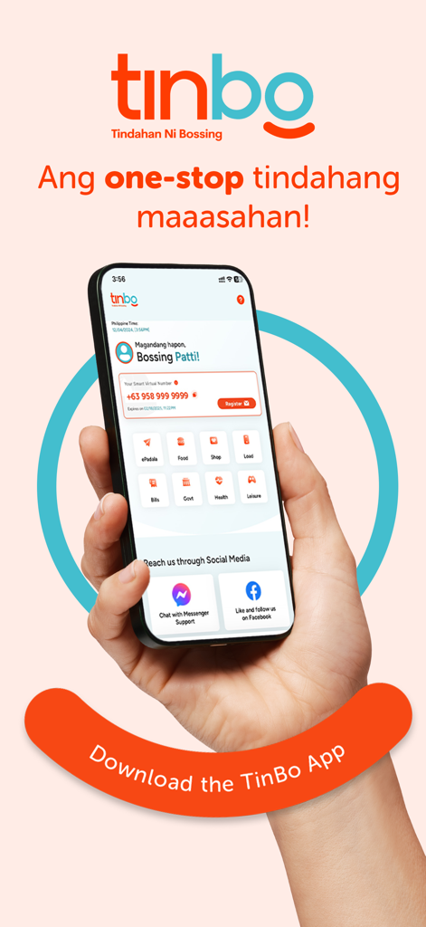 TinBo (Tindahan ni Bossing) - A hand holding a smartphone showing the TinBo app dashboard with options for load, bills, and virtual numbers