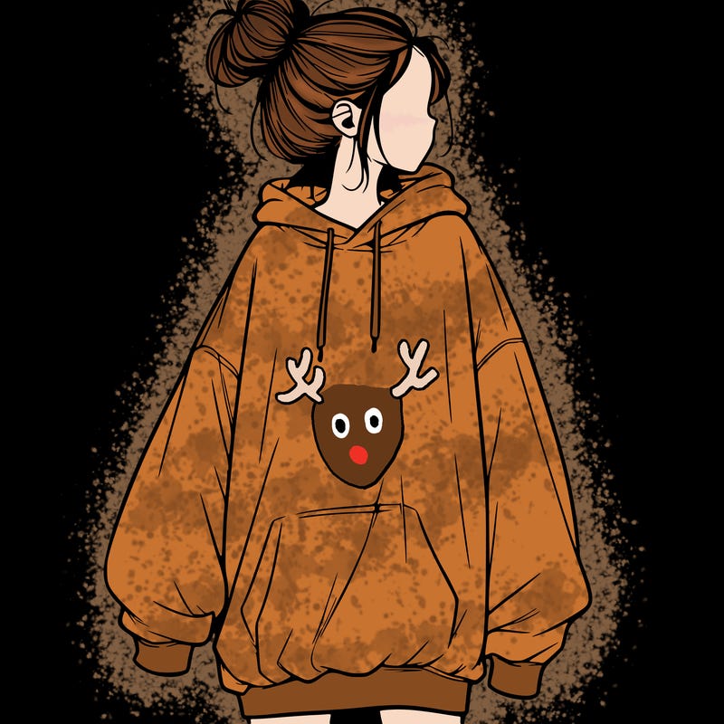 realistic girl with a oversized sweatshirt on and a bun