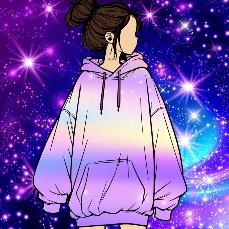 realistic girl with a oversized sweatshirt on and a bun