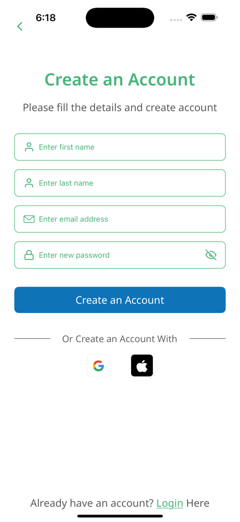eTravelsim - Travel eSim - サインアップフォームとソーシャルログインオプションを備えたeTravelsimアプリのユーザー登録ページ。