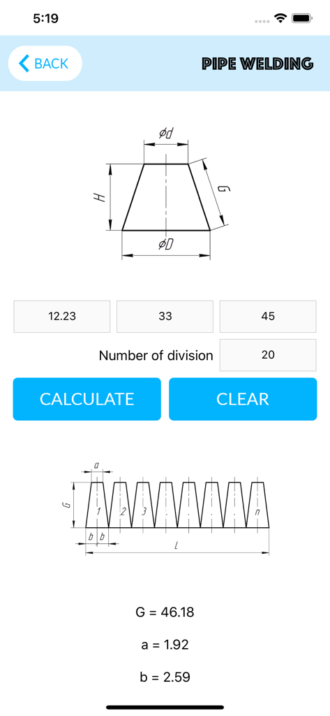 Pipe Welding Calculator - Pipe Welding Calculator app interface showing a pipe transition layout with calculated dimensions and template guide