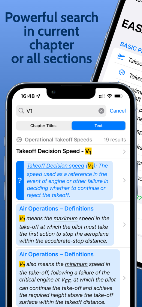 B737 Performance Handbook app displaying search results for takeoff decision speed V1
