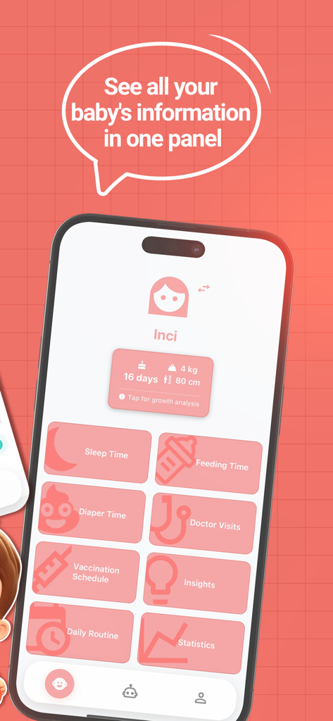 Baby Routine! - Baby Tracker - Captura de pantalla del panel de control de la aplicación Baby Routine mostrando categorías de registro para sueño, alimentación y atención médica