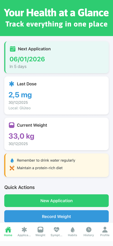 Mounjaro Care app dashboard showing medication dose tracking and weight logs