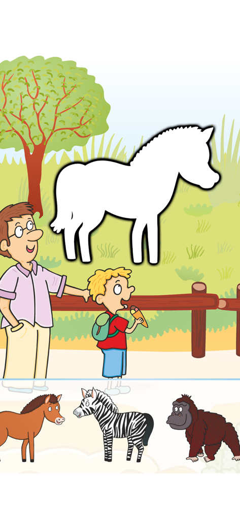 A preschooler educational game showing an animal silhouette matching activity with a horse zebra and gorilla